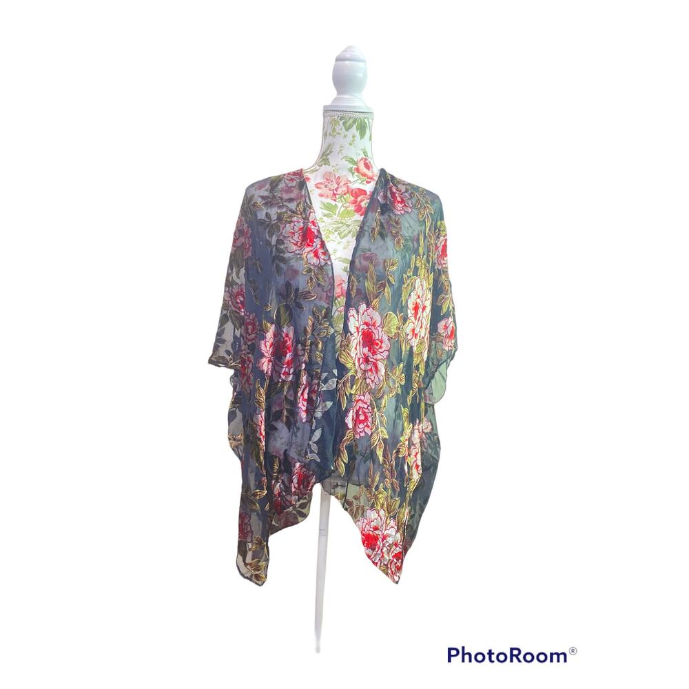 Flowered Embroiled Black Kimono Beach Cover Up Velvety One Size